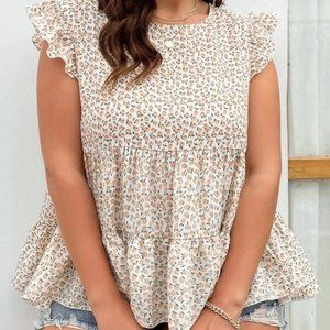 Shein Ditsy Floral Print Ruffle Sleeve Babydoll Blouse Plus Size 4XL